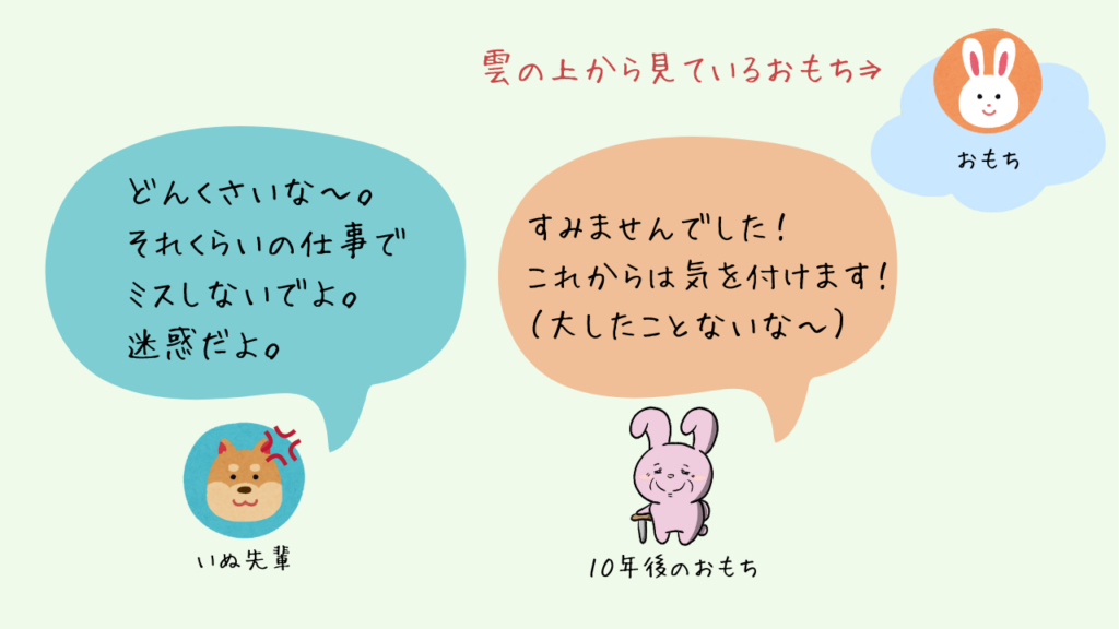 いぬ先輩に怒られているとき、10年後のおもちが登場して、現在のおもちの代わりに受け止めているイラスト